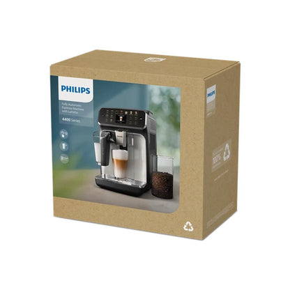 Philips 4400 Series Fully Automatic Espresso Machine, LatteGo Milk System, Integrated Grinder, 12 Hot & Iced Coffee Pre-Sets, Quick Start, SilentBrew, 15-Bar Pressure, Black Chrome,EP4446
