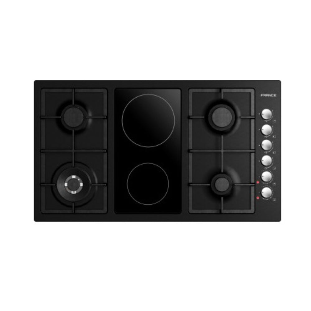 France Bulit-In Hob 4 Gaz Burners + 2 Vitro-Ceramic Electric Cooktop + Safety 90cm [Black], FRN-FQ904CPGVB