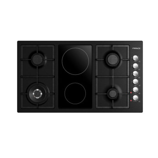 France Bulit-In Hob 4 Gaz Burners + 2 Vitro-Ceramic Electric Cooktop + Safety 90cm [Black], FRN-FQ904CPGVB