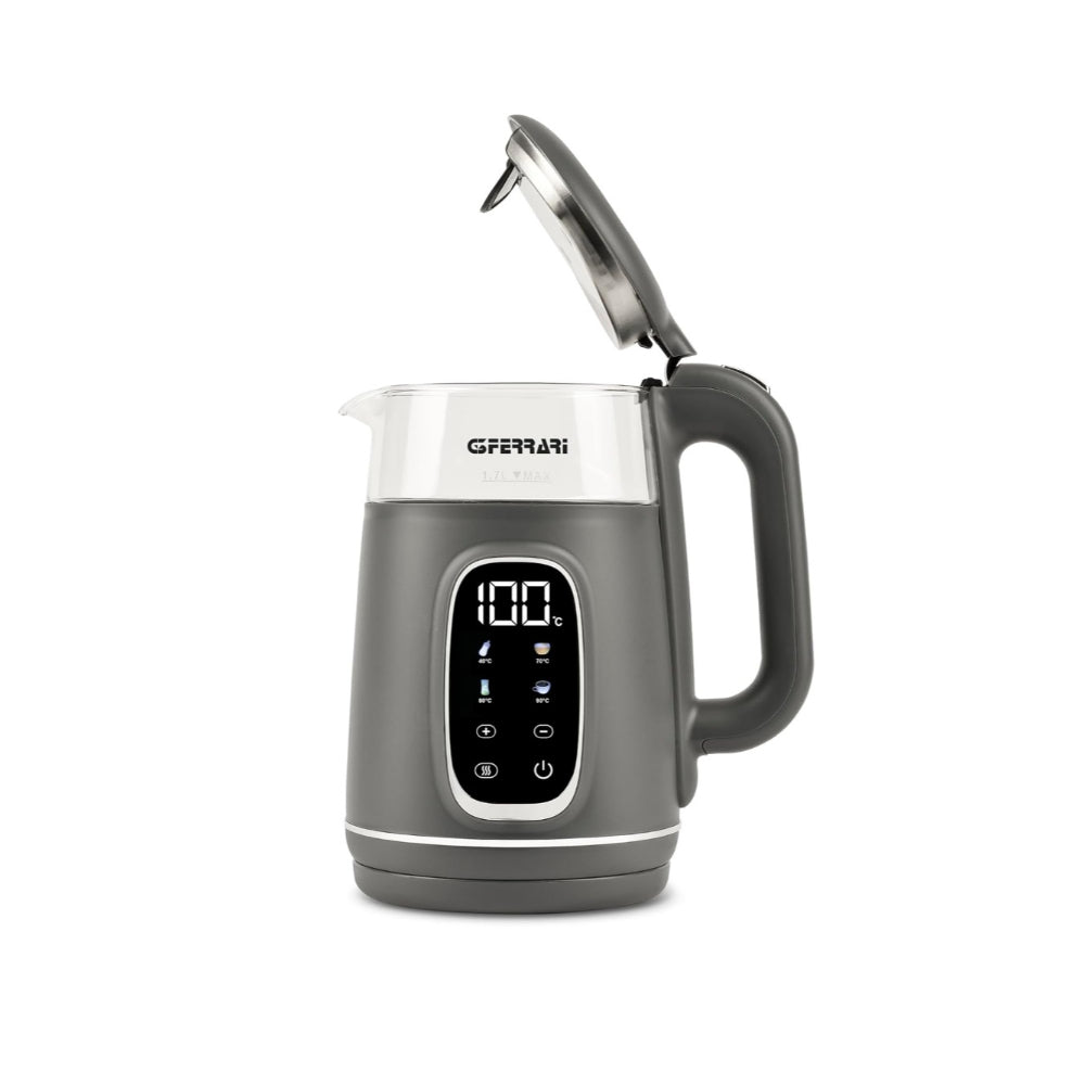 G3Ferrari Glass 1.7L - 1850W-2200W Electric Kettle, Anti-Burn Housing, Display Touch Screen, Temperature Indicator, 40C-100C, Over-Heating Protection, Concealed Heating Element, Automatic Shut-Off, G10224