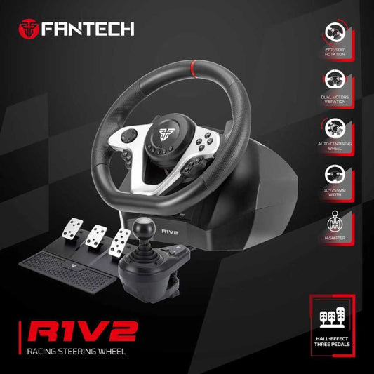 Fantech, R1V2 Professional 900? Racing Steering Wheel Bundle With Gear Shifter & Hall-Effect Pedals, Dual-Motor Vibration ? Compatible With Pc, Ps4, Xbox & Switch