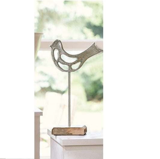 Bird On Stick Silver Sculpture On Base 36 Cm
