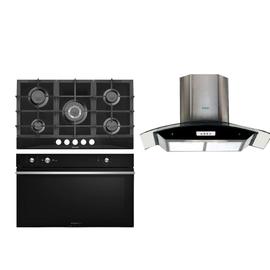 GlemGas Bundle [90cm Black - 4 Gas Burner + 1 Dual Burner - Cast Iron - Safety] + [90cm Black Gas Electric Oven Ignition - 5 Functions - Ignition - Safety - TurnSpit - 130L - 60min] + Free Hood, GT955HBK+GFR9F1BK (130LT)+CXW204EP