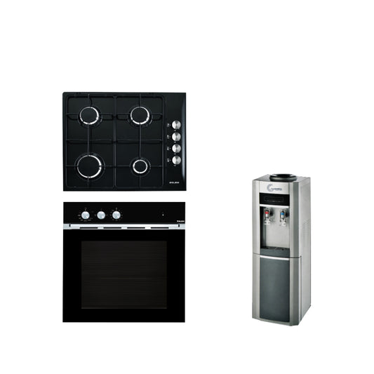 GlemGas Bundle [60cm Black - 4 Gas Burners - Ignition - Enameled Grids Safety - Side Control] + [60cm Black Gas Electric Oven Ignition - 4 Functions - Turnspit - Safety Cooling Fan 57L - 60min] + Free Water Dispenser, GTL64BK+GFMF31BK+GC-88BS