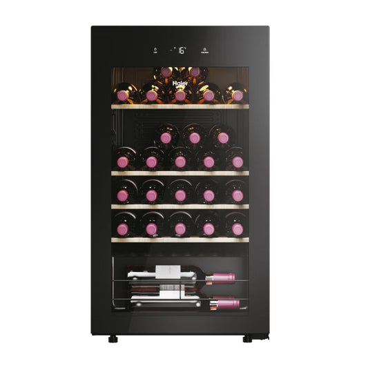 Haier, Hws34Ggh1 Smart Single Zone Wine Cellar, Capacity 34 Bottles, Black Color With Grey Tint And Full Uv Glass Door
