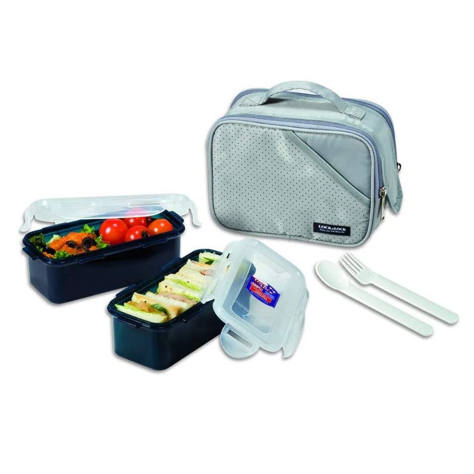 LocknLock, Rectangular Size Lunch Box Grey With 2 Rectangular Plastic Food Containers + Spoon & Fork, Hcpl762Dg