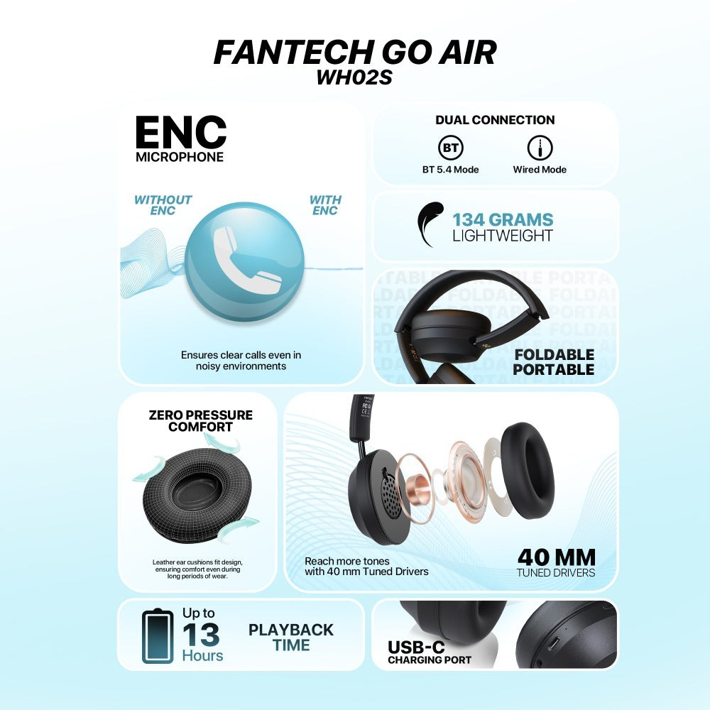 Fantech, Wh02S Go Air: Bluetooth, Wireless Headphones, Built-In Microphone