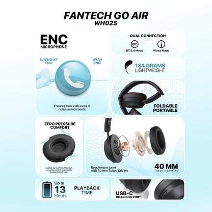 Fantech, Wh02S Go Air: Bluetooth, Wireless Headphones, Built-In Microphone