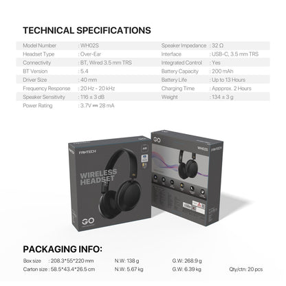 Fantech, Wh02S Go Air: Bluetooth, Wireless Headphones, Built-In Microphone