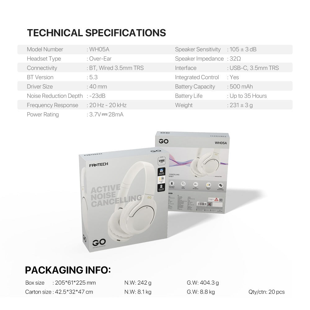 Fantech,wh05A Go Vibe: Bluetooth, - Active Noise Cancelling (Anc) Wireless Headset