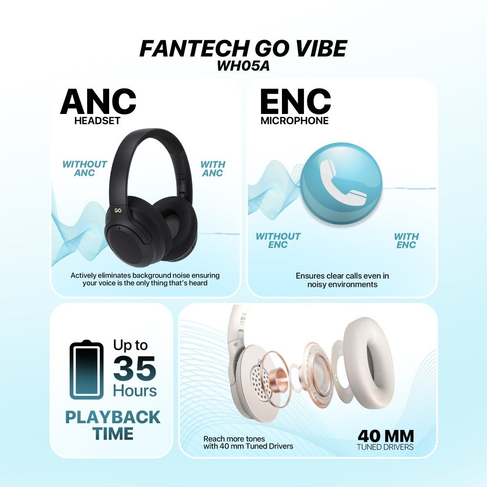Fantech,wh05A Go Vibe: Bluetooth, - Active Noise Cancelling (Anc) Wireless Headset