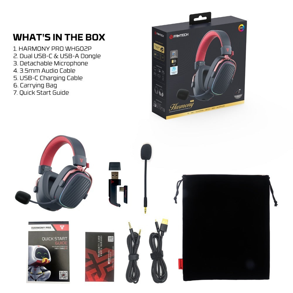 Fantech, Whg02 Pro Harmony: Tri Mode Bluetooth, Wired, Usb Wireless Headset, Up To 90 Hours Playback