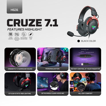 Fantech, Hg31 Cruze Immersive Cinematic Usb Gaming Headset With 7.1 Virtual Surround, Rgb Lighting