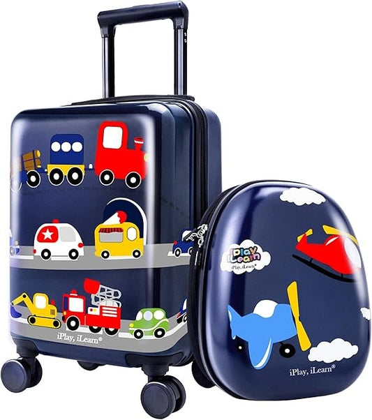 Iplay, Kids Luggage, Boys Carry On Suitcase, 18' Hardside Travel Luggage Set W/Backpack, Toddler Rolling Luggage W/ 4 Spinner Wheels, Children Holiday Birthday Gift