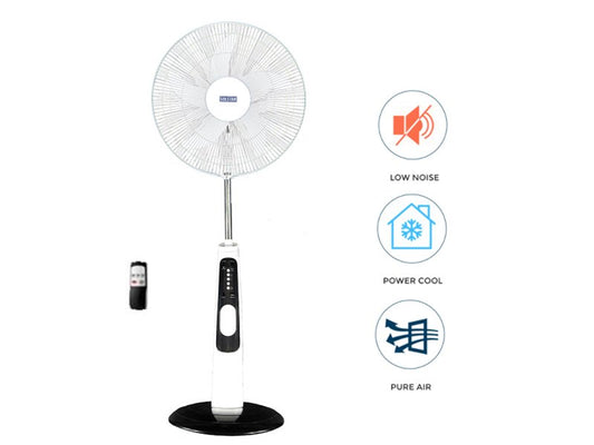 JTC, Up to 30 Hours On Battery, 18' Rechargeable Floor Fan, Led Light, AC/DC Operated, Remote Control, Timer, Built-in USB charger, Can Be Charged By Solar Panel