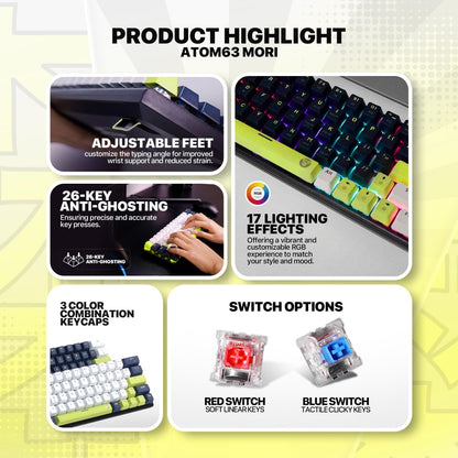 Fantech, Mori Edition Mk874V2 - Atom63, Pro Wired Mechanical Keyboard With Rgb Lighting Blue