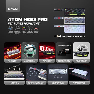 Fantech, Atom Pro He68 Mk922, High Precision Magnetic Switch Keyboard, 3 Modes: Bluetooth, Wireless & Wired, 8K Polling, Available in Different Colors