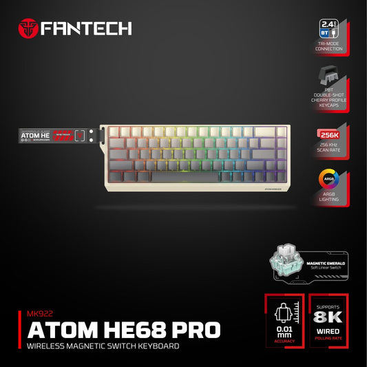Fantech, Atom Pro He68 Mk922, High Precision Magnetic Switch Keyboard, 3 Modes: Bluetooth, Wireless & Wired, 8K Polling