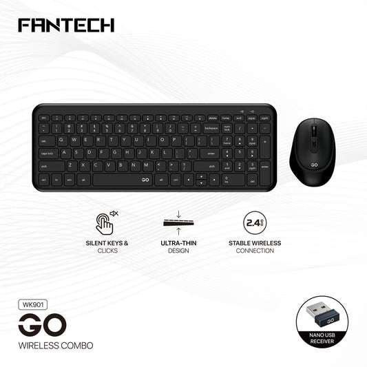 FANTECH WK901 Go Wireless Keyboard and Mouse Set Combo, Ultra-Slim, Silent Membrane [Black]