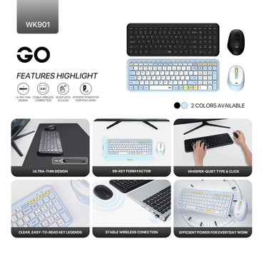FANTECH WK901 Go Wireless Keyboard and Mouse Set Combo, Ultra-Slim, Silent Membrane [Light Blue]