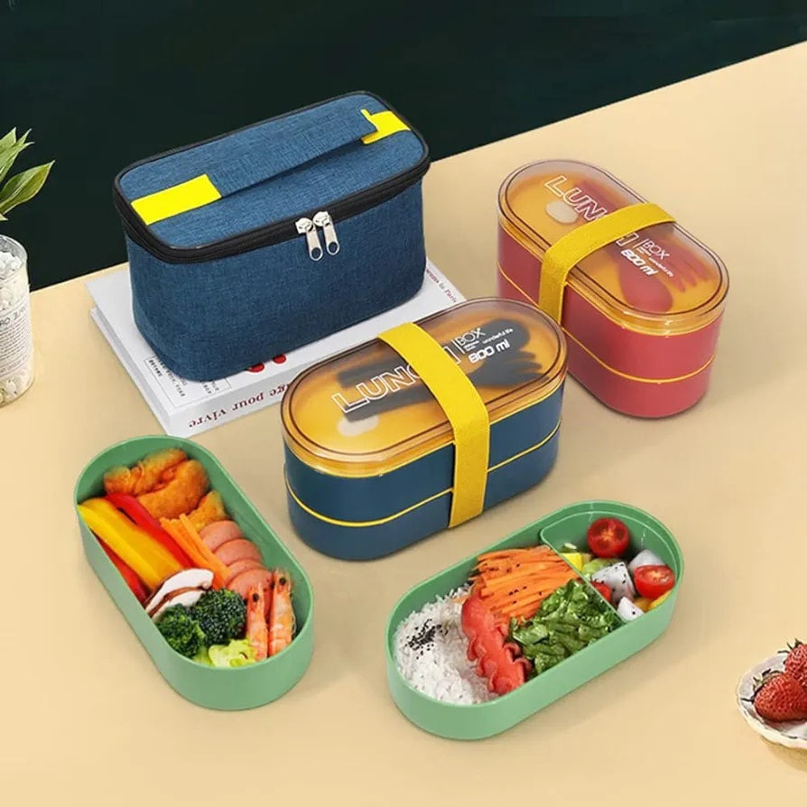 2 Tier Bento Boxes Containers With Tableware Self Moveable, Available in Different Colors