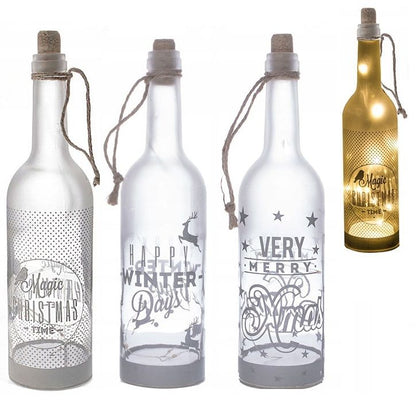 Itemz, Lamp Glass Bottle With Led Lights Silver Print Magic Christmas Time, Available in Different Colors