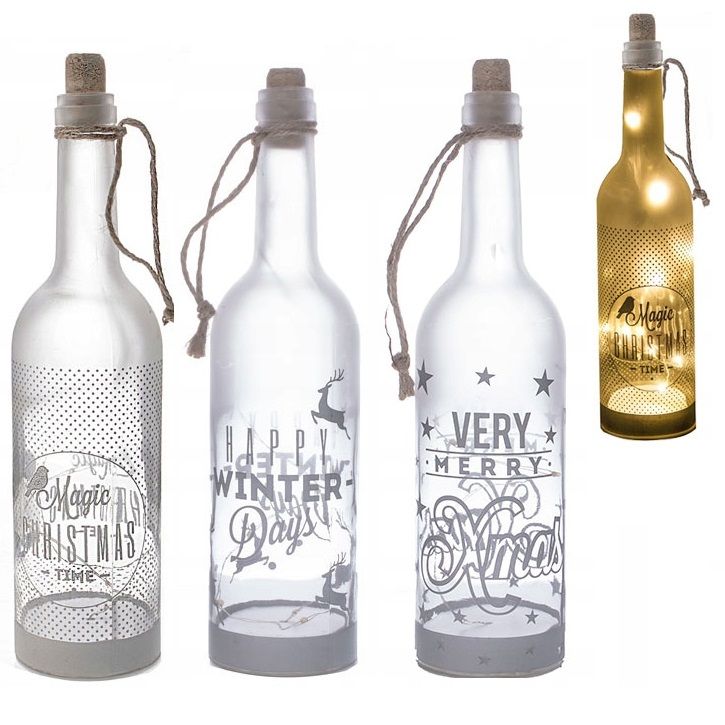 Itemz, Lamp Glass Bottle With Led Lights Silver Print Magic Christmas Time, Available in Different Colors