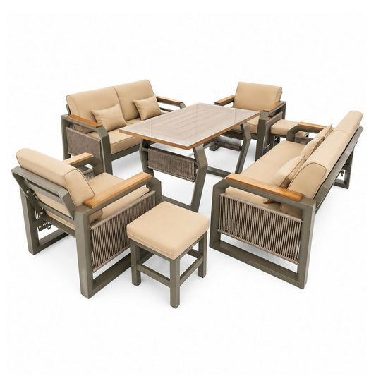 VITA Outdoor 7-Piece Set, Includes: 2 Two-Seater Sofas, 2 Armchairs, 1 Stool, 1 Coffee Table - Aluminum Frame with Wood - Woven Details, XXX-VITA