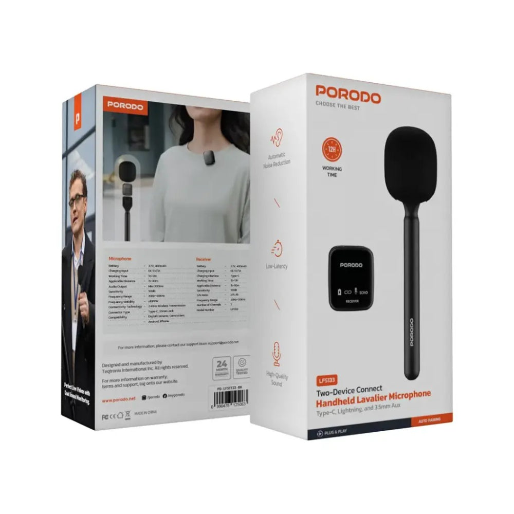 Porodo Two-Device Connect Handheld Lavalier Microphone, LFS133