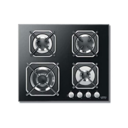 Lofra Gas Hob 60Cm Gas On Glass, Flat Edge , 4 Gas Burners, 1 Triple Crown, Thickness 0.7Mm, Stainless Steel , Knob Ignition , Gas Stop Safety Device, Black, LOF-HGN6G0