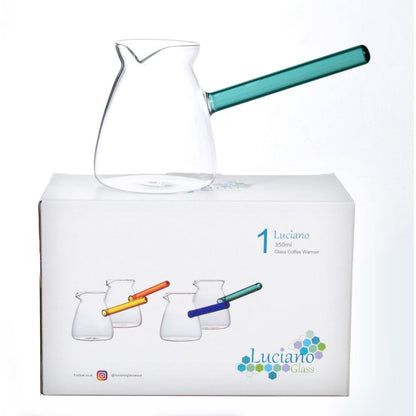 Luciano, 650ml Borosilicate Green Handle Glass Coffee Warmer / Pot / Kettle / Turkish Kettle / Green Kettle / Milk Pot in Gift Box