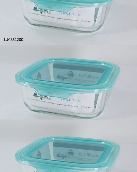 Luciano, High Borosilicate Square Glass Food Container With Easy Snap Lid 1200Ml 17.5X17.5X6.5Cm