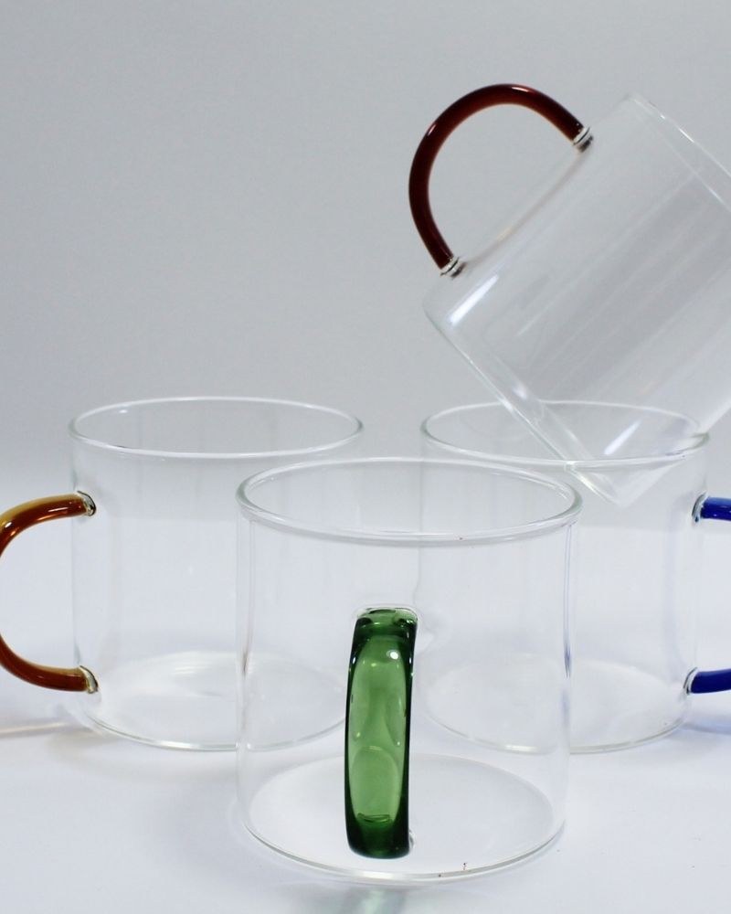 Luciano, High Borosilicate Round Glass Cup Set With Color Handles 4Pc Set 350Ml