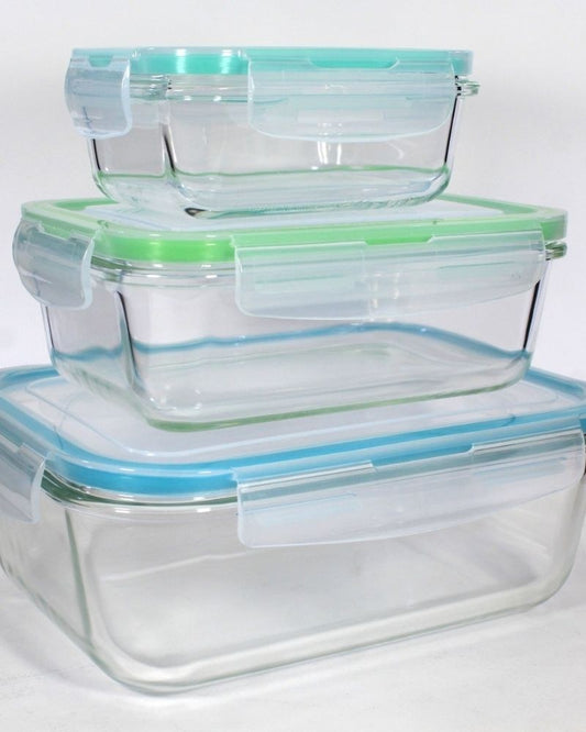 Luciano, High Borosilicate Rect. Glass Food Container 3 Pc Set With Airtight Lid Nested Design330+840+1860Ml (13.1X9.7X4.7 / 18.3X12.5X5.9 / 22.6X16.2X7.8Cm) B/4