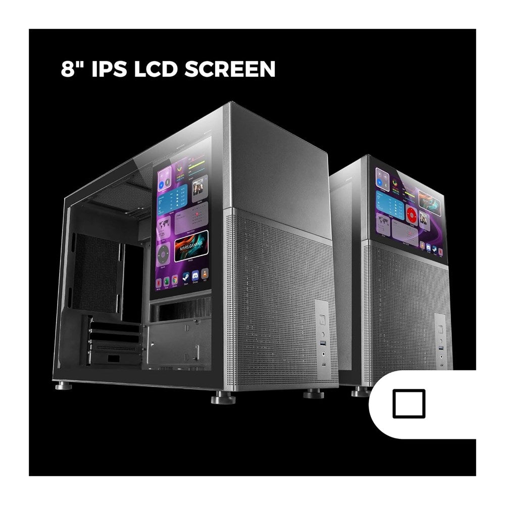 Mars, Gaming Mc-Lcd, Micro-Atx Case, 8' Ips Lcd Screen, Tempered Glass Window, Modular Panel Design, Black