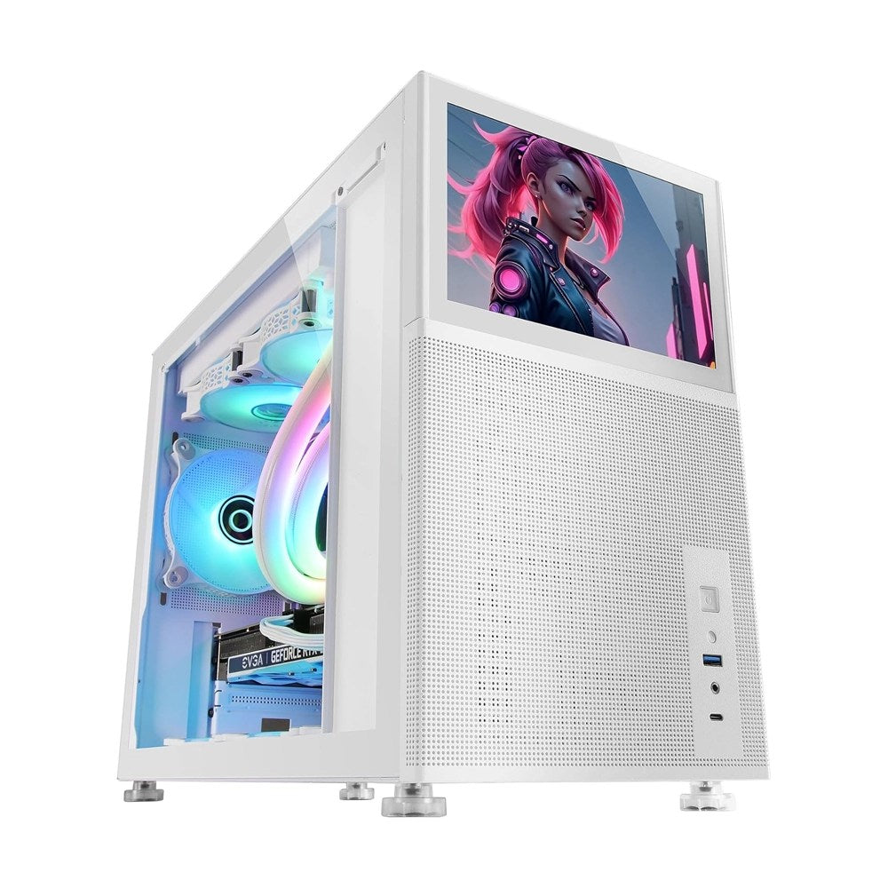Mars, Gaming Mc-Lcd, Micro-Atx Case, 8' Ips Lcd Screen, Tempered Glass Window, Modular Panel Design, White