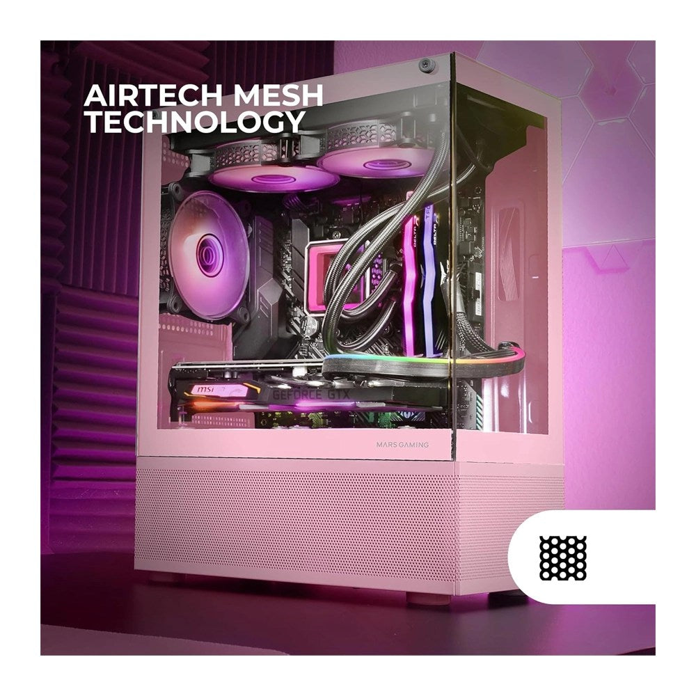 Mars, Gaming Mc-Se, Micro-Atx Case, Front & Side Frameless Glass Panel, Bottom Mesh Design, Pink