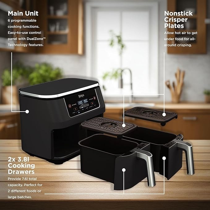 Ninja, Foodi Dual Zone Digital Air Fryer, 2 Drawers, 7.6L, 6-In-1, Uses No Oil, Air Fry, Af300