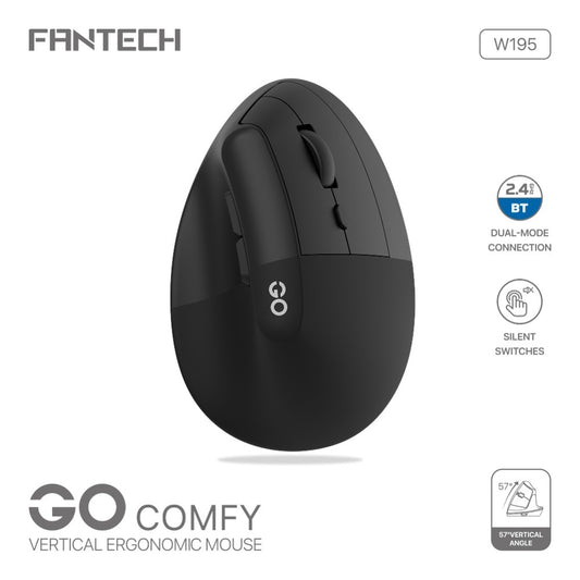 Fantech, W195 Go Comfy, Vertical Mouse, Dual Mode Bluetooth & Wireless, Silent Click