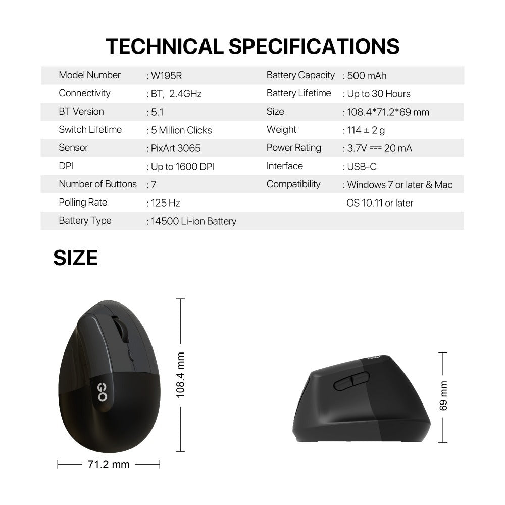 Fantech, W195R Go Comfy, Vertical Mouse, Dual Mode Bluetooth & Wireless, Silent Click