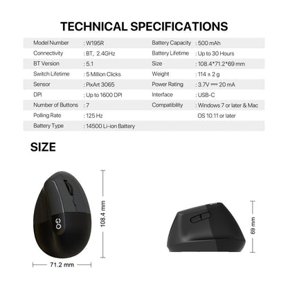 Fantech, W195R Go Comfy, Vertical Mouse, Dual Mode Bluetooth & Wireless, Silent Click