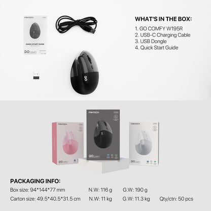 Fantech, W195R Go Comfy, Vertical Mouse, Dual Mode Bluetooth & Wireless, Silent Click