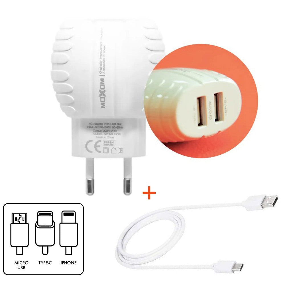 Moxom, Charger 2 Port Usb With Cable Micro, Available in Different Compatible Devices