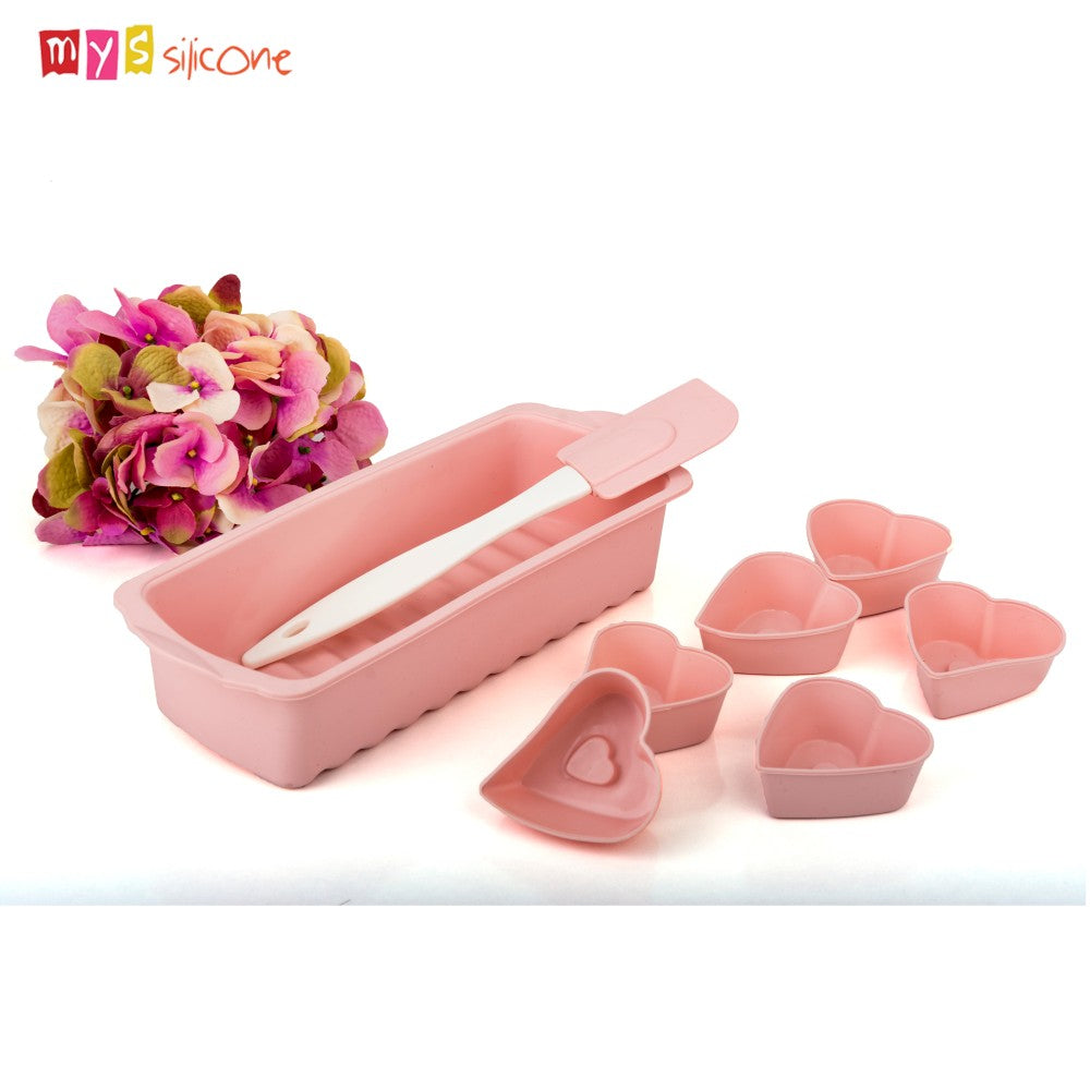 MYS Silicone, Baton Set (Baton Cake Mould+6 Pcs Heart Shaped Muffin+Spatula) Baton Mould 11X28X6 Cm