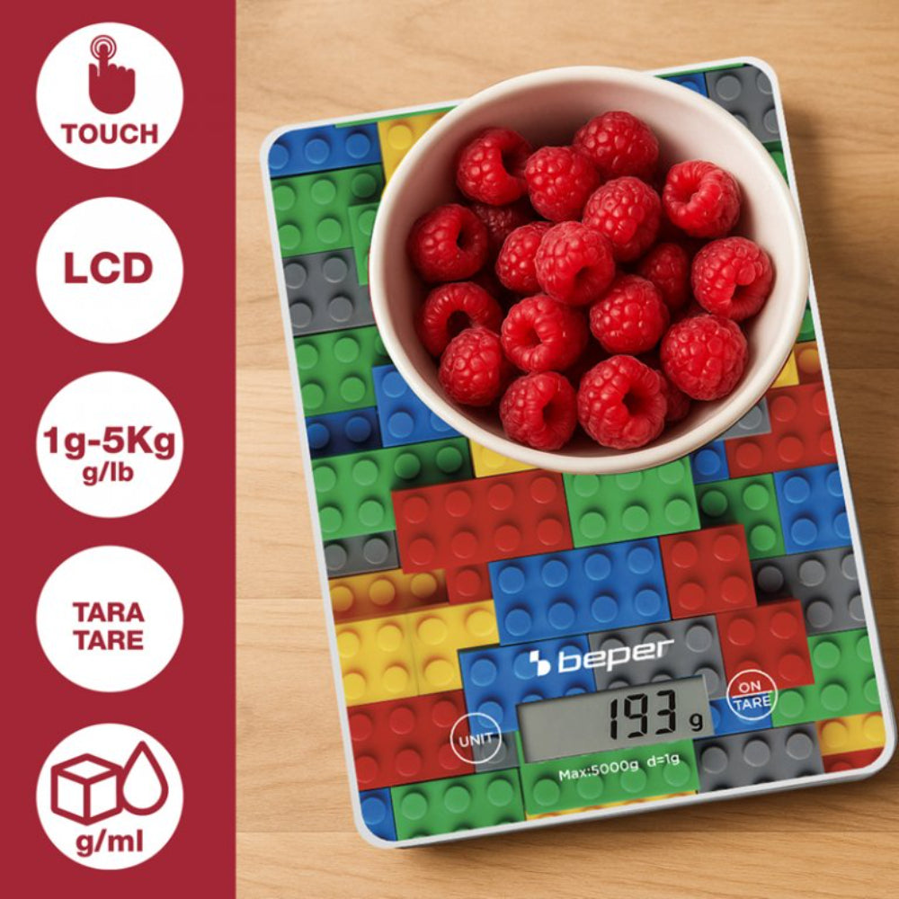 Beper Digital Kitchen Scale Tempered Glass Top Tare Function Lcd Touch Display Accuracy 1G - 5Kg Hanging Battery Included Coloured Stones, P102BIL005