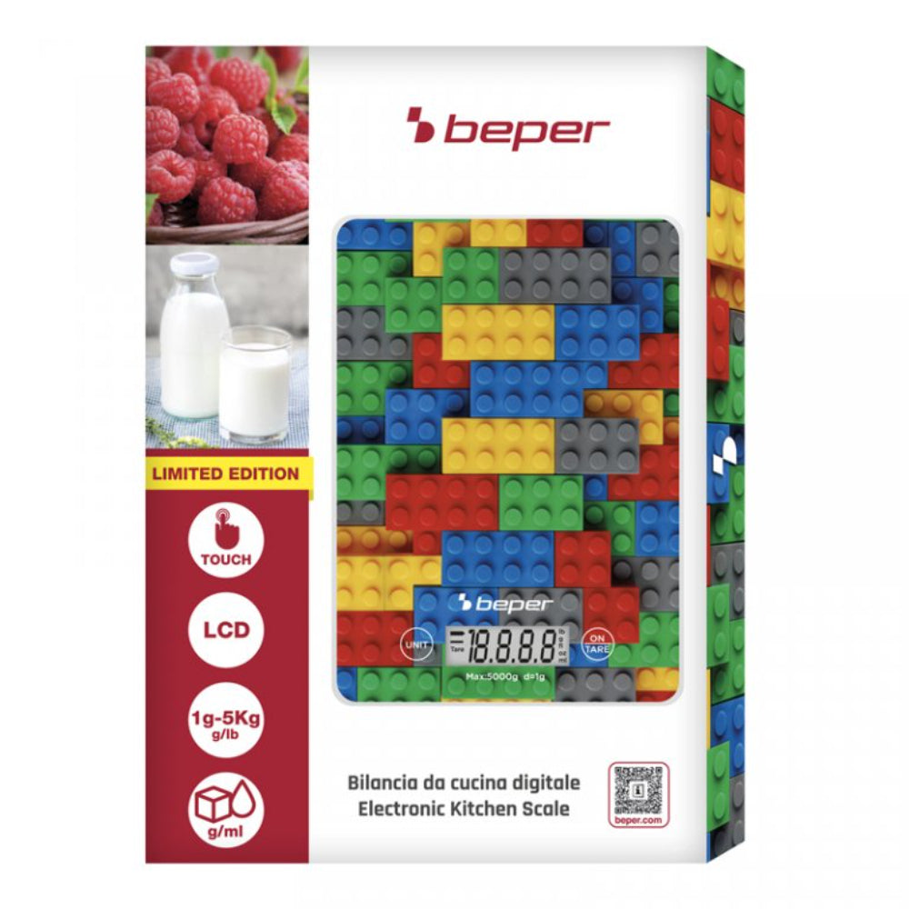 Beper Digital Kitchen Scale Tempered Glass Top Tare Function Lcd Touch Display Accuracy 1G - 5Kg Hanging Battery Included Coloured Stones, P102BIL005