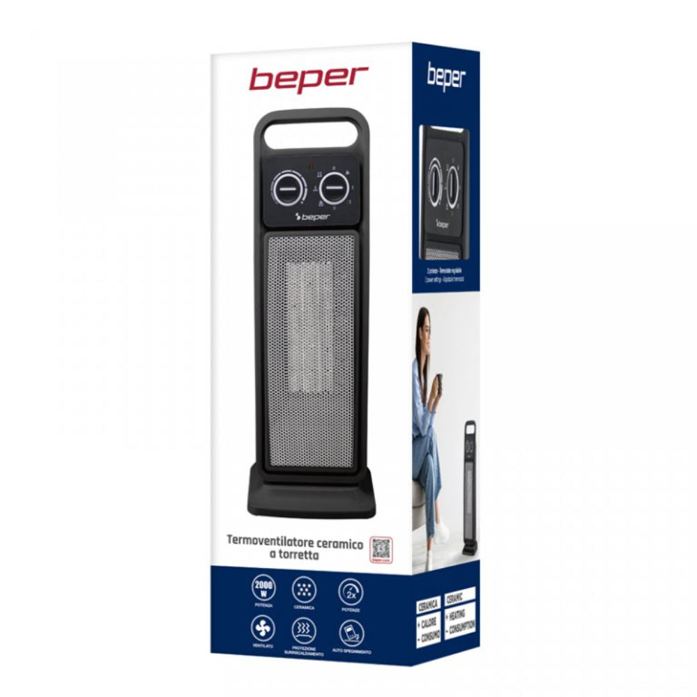 Beper Ceramic Tower Fan Heater 2000W, 2 Power Settings, Safe With Auto Shut-Off, P203TER002