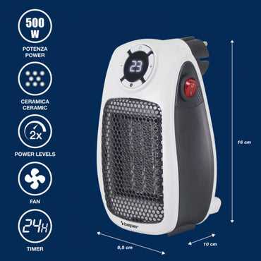 Beper Mini Ceramic Fan Heater, 500W/1000W, Safe Auto-Off, P203TER350