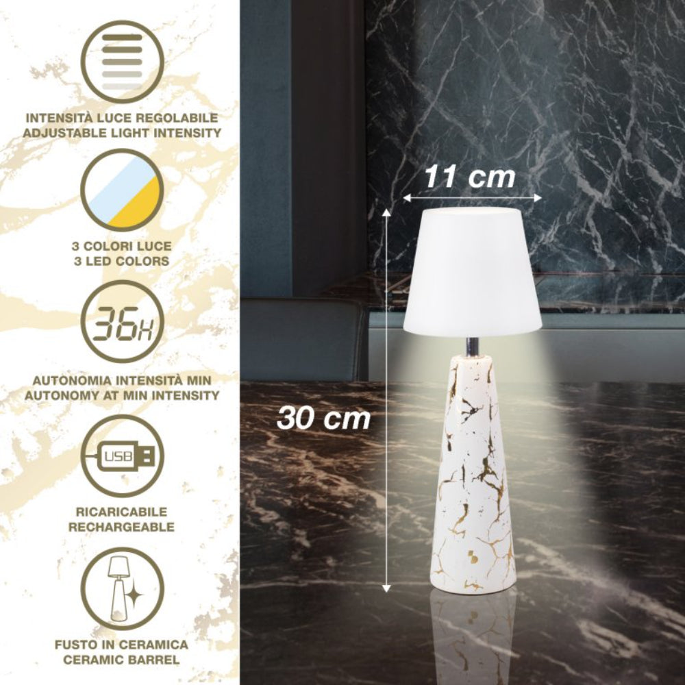 Beper Marble Battery Table Lamp, Marble Ceramic Design With Gold Detail, 3-Colour Touch Control Led Light With Adjustable Intensity, 36 Hours Battery Life - USB-C Included, P207ILI500