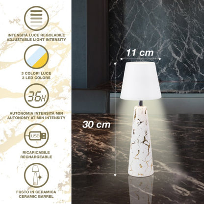 Beper Marble Battery Table Lamp, Marble Ceramic Design With Gold Detail, 3-Colour Touch Control Led Light With Adjustable Intensity, 36 Hours Battery Life - USB-C Included, P207ILI500